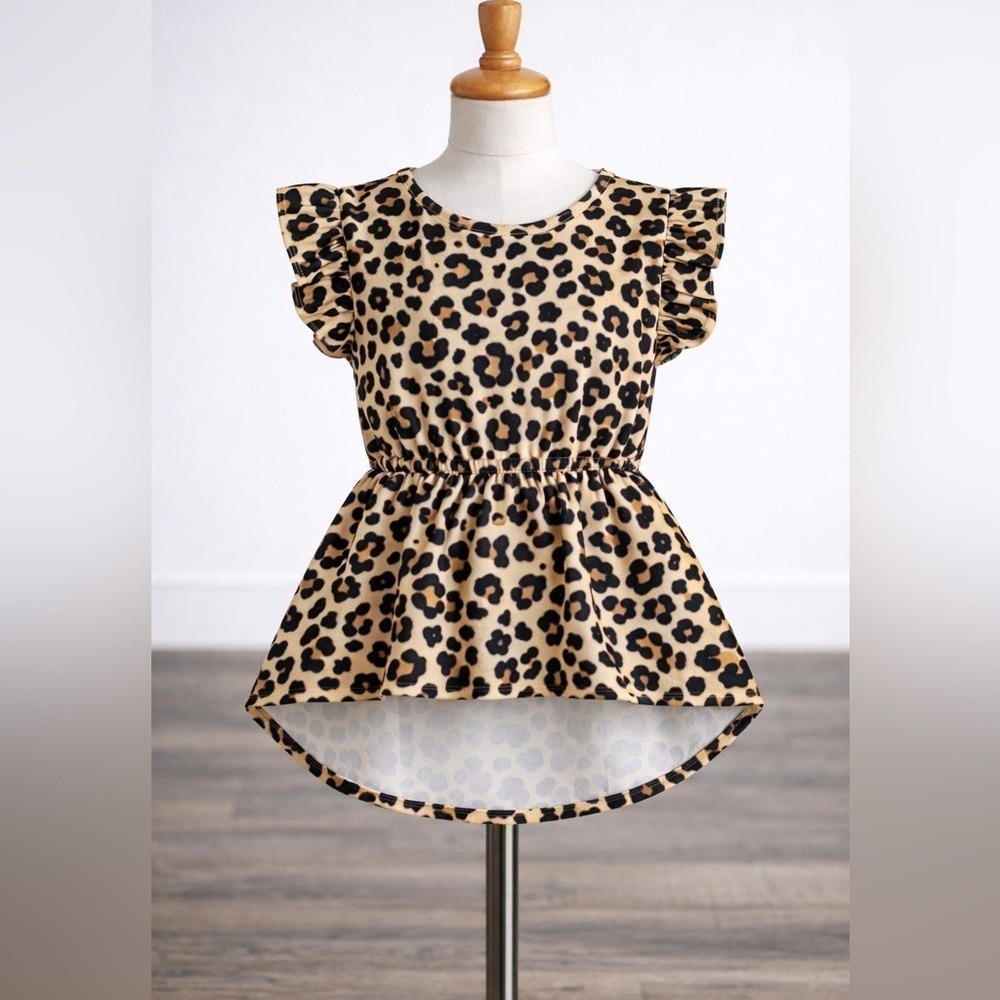 Girls Black Leopard Print Peplum Top Size 7 8 High Low Ruffle Sleeve Boutique